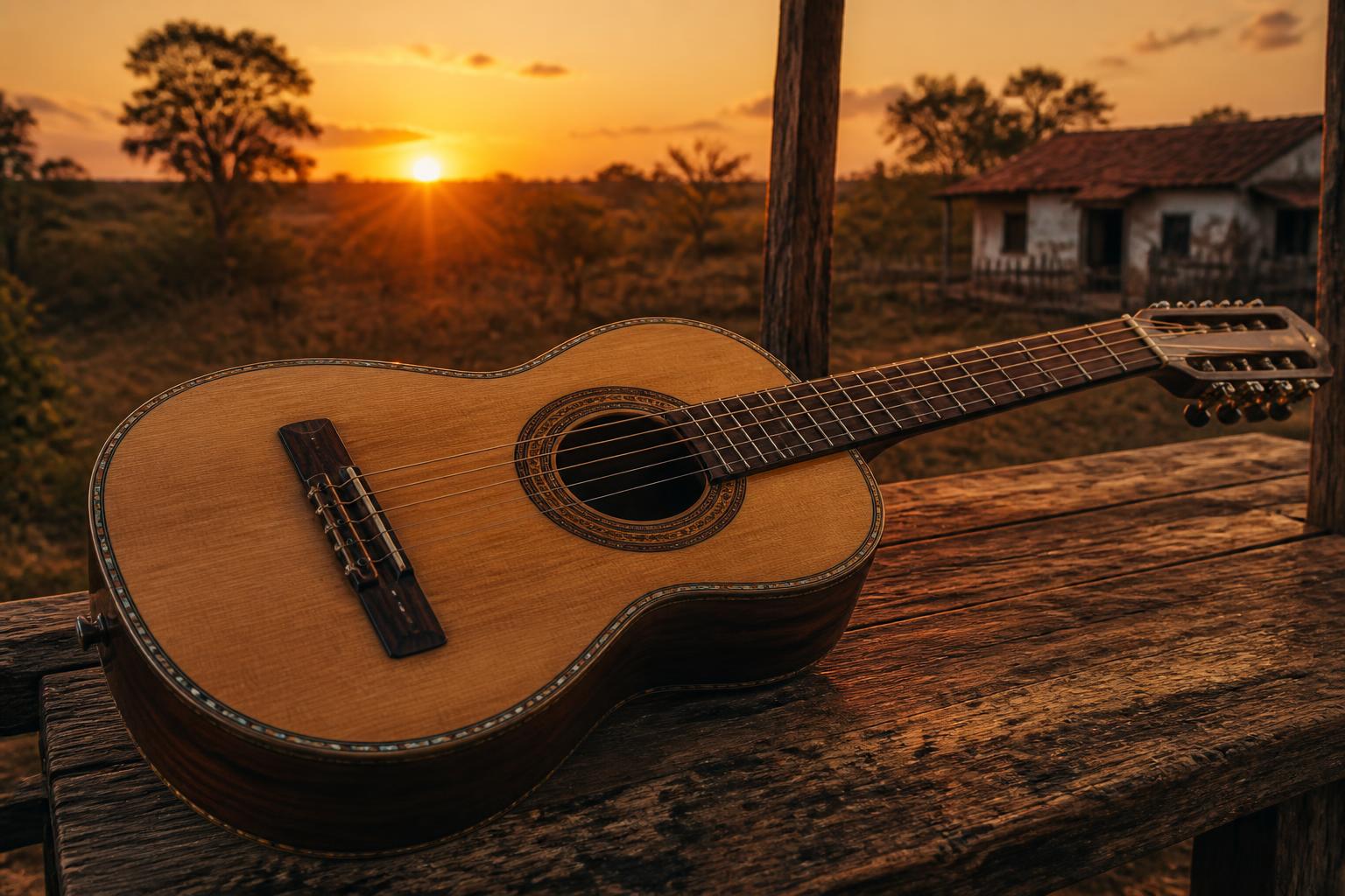 Viola caipira ao pôr do sol no sertão brasileiro